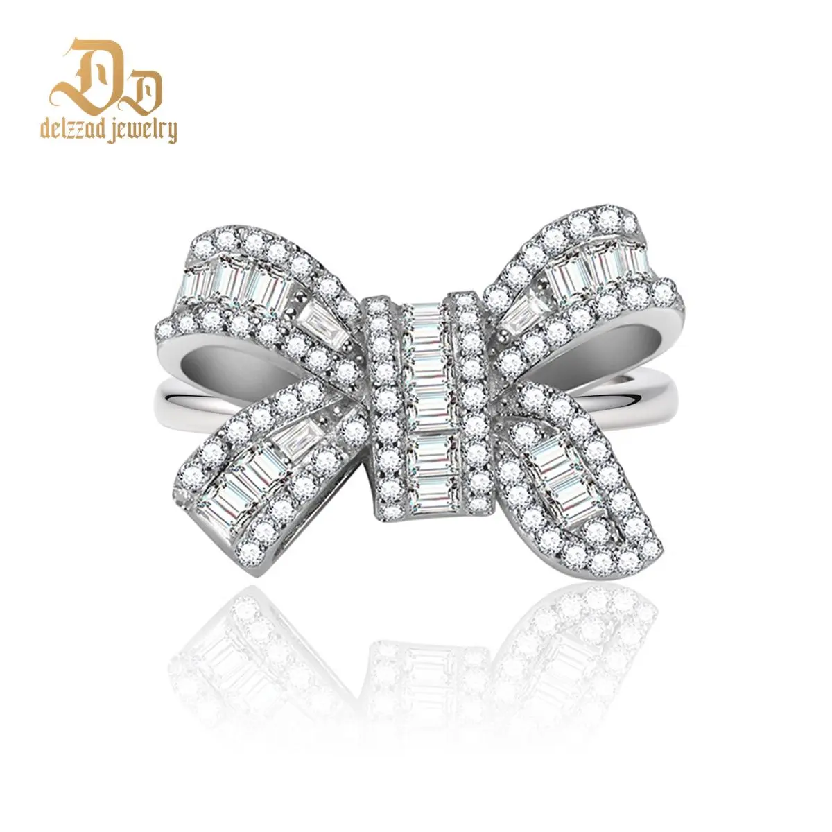 Delzzad 0.8ct Midnight Coquille Ring Luxury Bow Ring Baguette Cut Engagement Ring Ribbon Design VVS Synthetic Moissanite Ring Jewelry S925 Band Perfect Birthday Engagement Wedding Anniversary Christmas Valentine's Day Mother's Day Gift