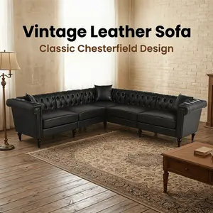 Sectional Sofa Couch for Living Room L Shaped Reversible Modern Chesterfield with Rolled Arms Nailhead 5 Seat Tufted PU Leather Black High-Gauge Coil Springs High Density Foam