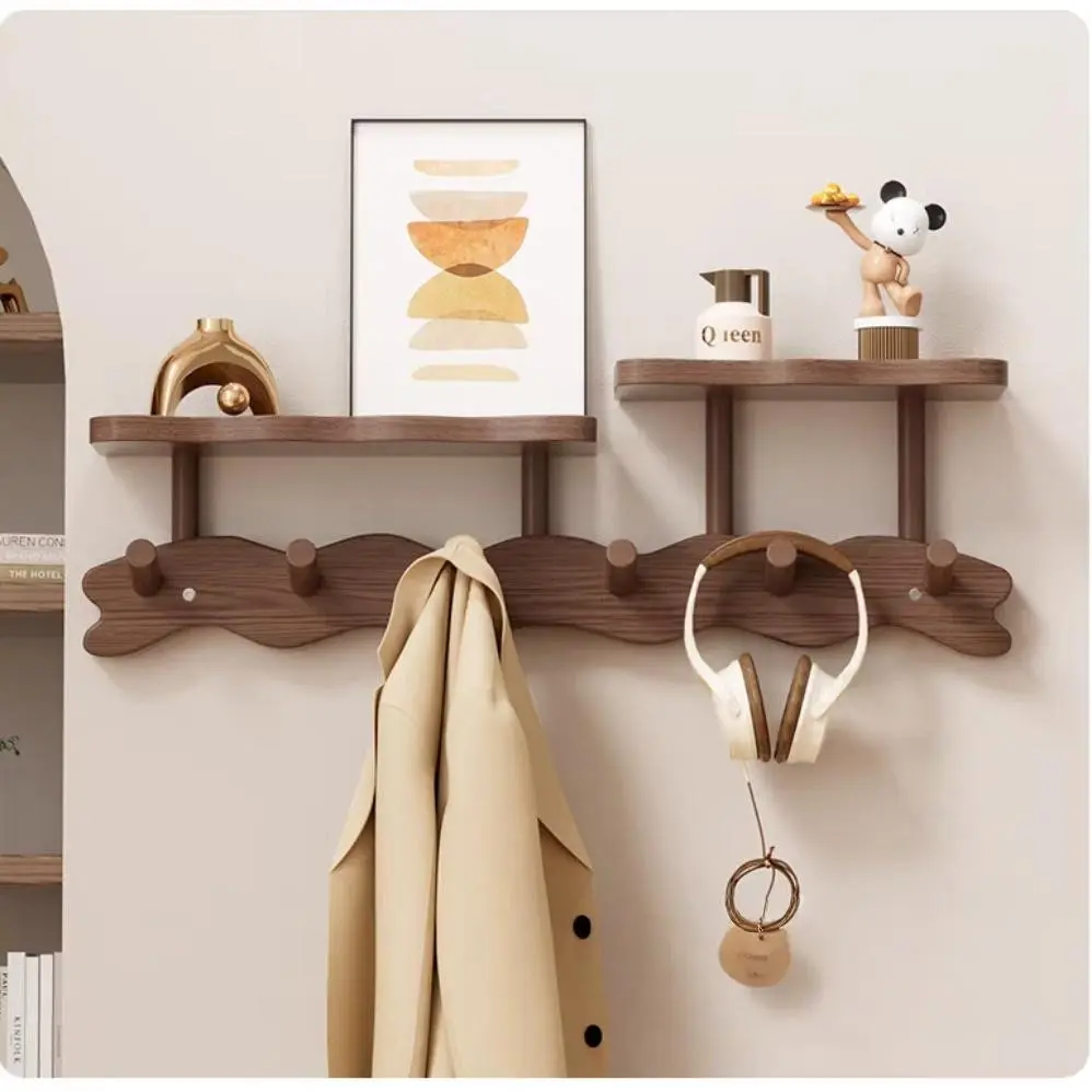 Wooden Wall Mounted Clothes Hanger with Hooks, 1 Count Space Saving Design Multi-Functional Hanging Storage Rack, Home Organizer for Bedroom, Living Room, Entryway, Decor, Built in Hooks