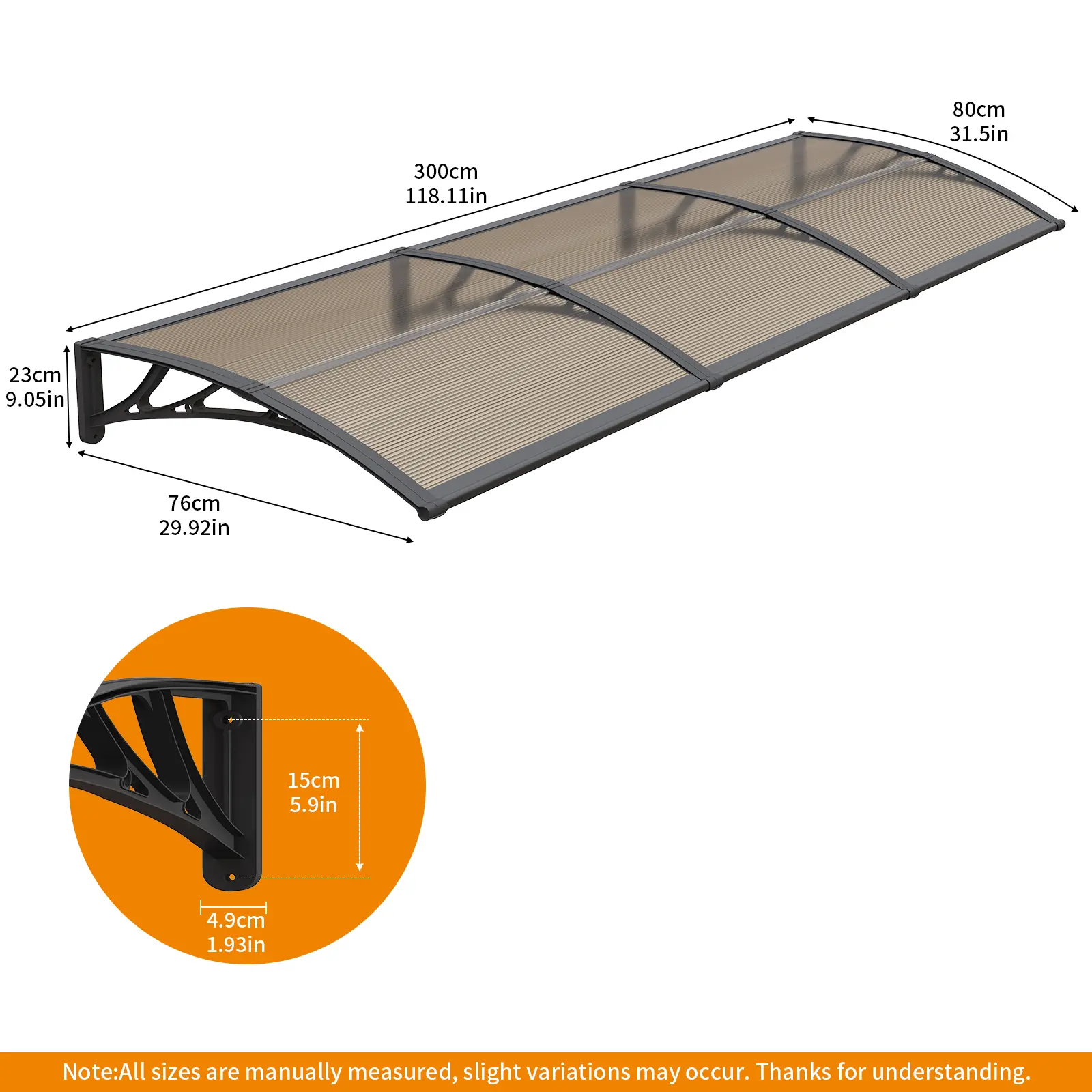 Rectangular Weatherproof Door Entrance Awning, 32-120 in Sunshade Canopy with ABS Plastic Bracket, Polycarbonate Solid Panel, UV/Rain/Snow Protection, Wall-Mounted for Back Porch, Easy Installation, Wall Mount
