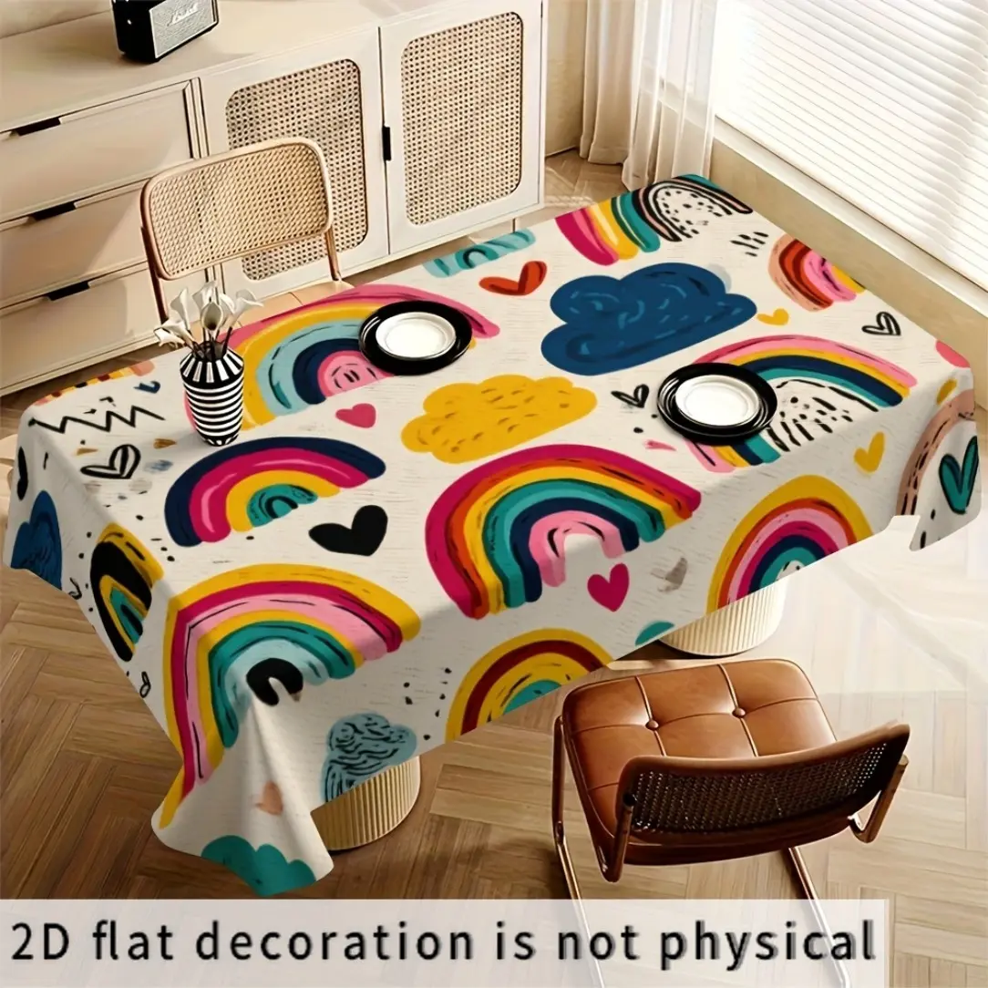 [2D Flat] 1 Pc, Tablecloth with Colorful Clouds and Rainbow Patterns, Bohemian Style Party Tablecloth, Suitable for Parties, Birthday Parties, Indoor and Outdoor Table Decorations, Classroom Decorations