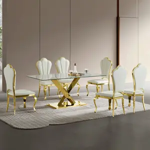 70" Modern Glass Dining Table Luxury Gold Stainless Steel Base Dining Table Rectangular Clear Tempered Glass Top Kitchen Table Contemporary Dining Room Furniture( Only table)