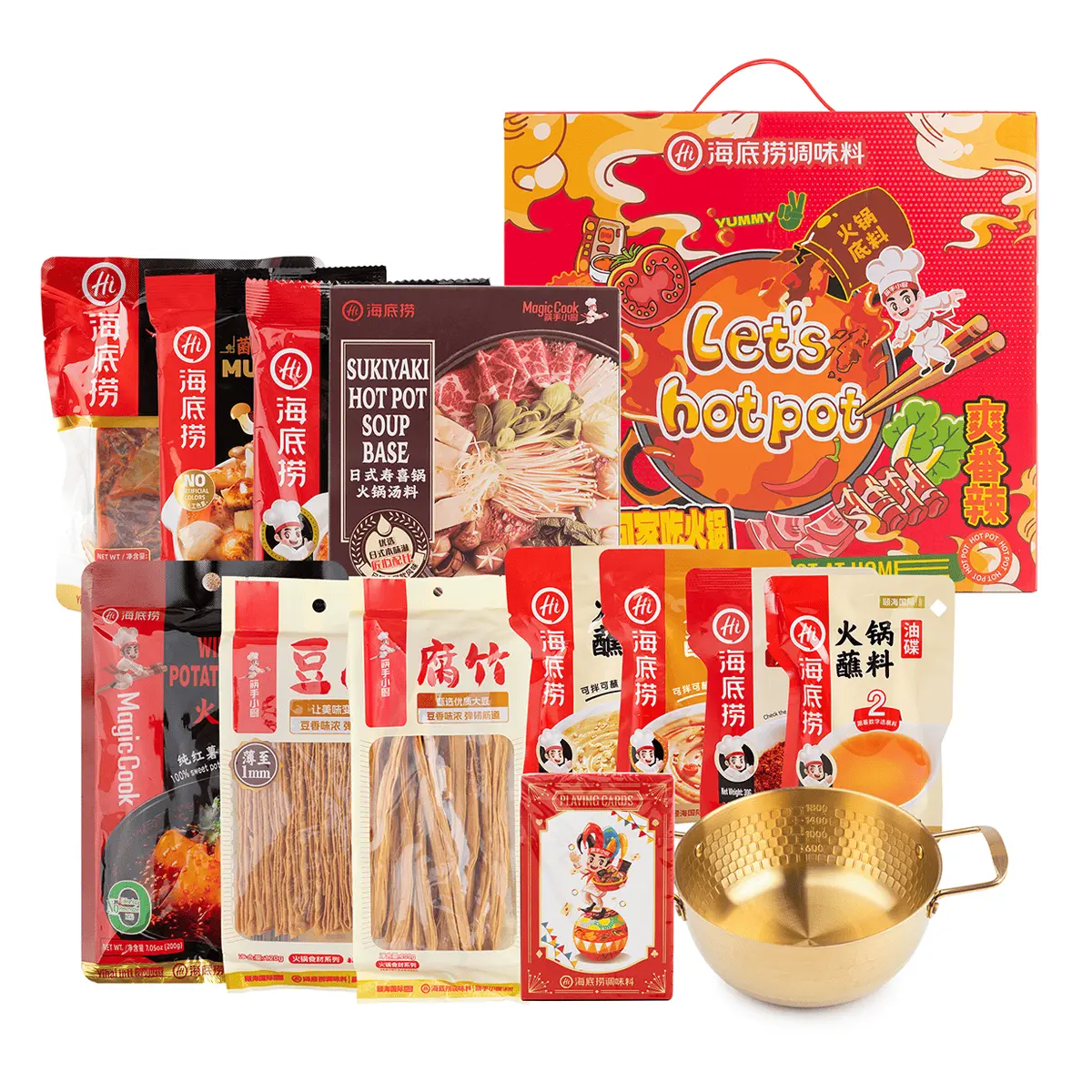 Haidilao Ambient Hotpot Food Kit Bundle - 4 Soup Bases, 4 Dipping Sauces, 3 Classic Add-Ins, Free Pot, Free Playing Cards, Spicy & Sour Flavors, Cooking Essentials (Staples & Seasoning Kit)