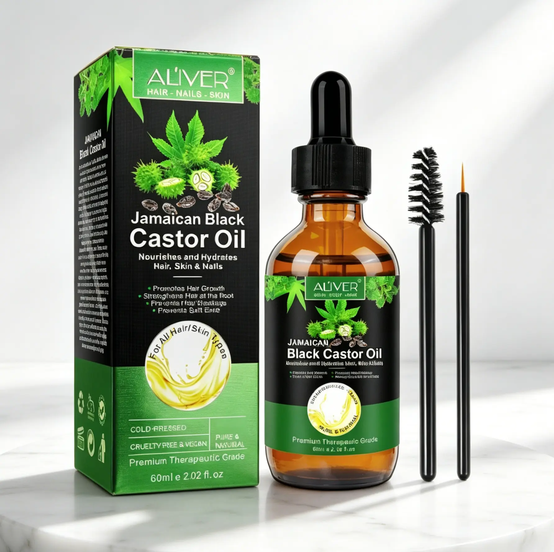 ALIVER Pure Jamaican Black Castor Oil (60ml) - Hexane-Free Cold Pressed Vegan Cruelty-Free Haircare for Adults, Hair Growth Stimulator, Hair Skin Nails Treatment, Hydrates, Strengthens, Brightens
