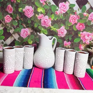 Engove Pitcher Relieve Color Blanco Set with Elegant Design and White Finish for Your Decor Needs Mexican Artistry Table