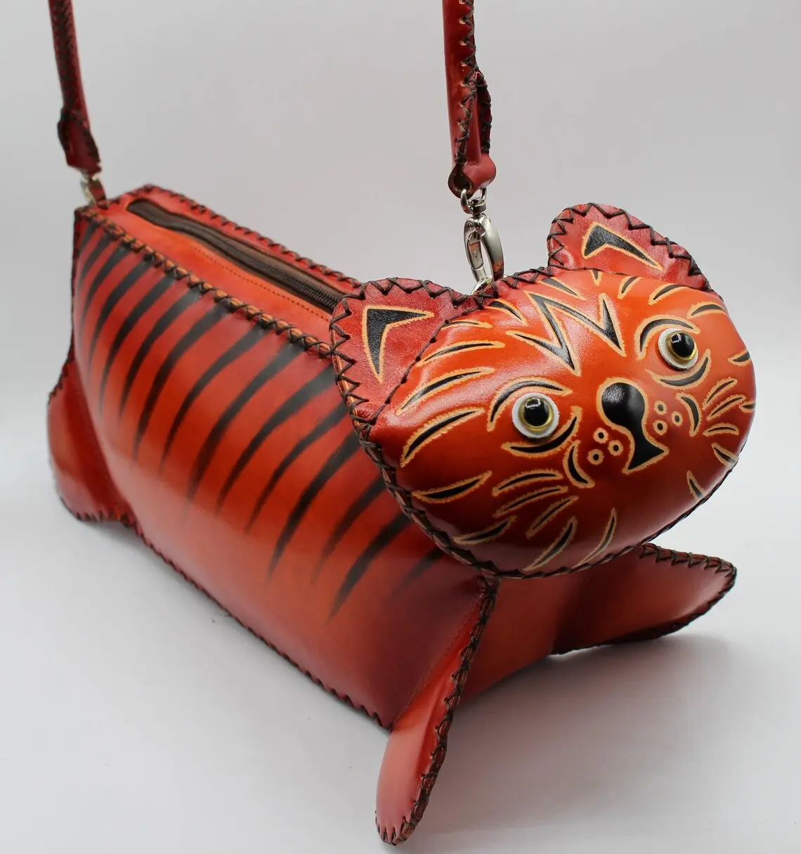 Handmade Leather Orange Cat Purse Shoulder Bag Large with Zip Closure Unique Design Genuine Leather Hand Sewn Handles 12" Long 6.5" High 3 1/2" Wide