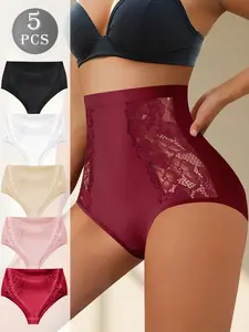 QUASTI 5Pcs Women's High Waist Lace Butt Lifting Panties Underwear – Scrunch Booty Push Up Briefs with Floral Lace, High Elasticity Cheeky Knickers for Curvy Shape, Sexy Lingerie for Date Night, Yoga & Gift Ideas S-XXL