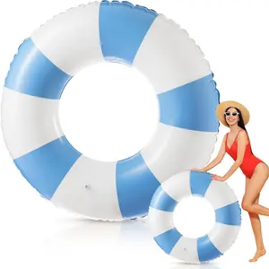 Jumbo Inflatable Pool Floats, Blue and Striped Pool Rings, Swimming Inflatable Tube for Adults, Summer Beach Bachelorette Wedding Decor