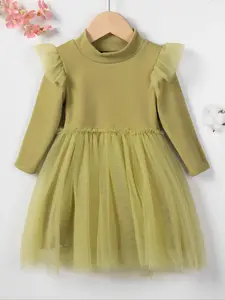 Toddler Girl's Solid Ruffle Trim Fly Sleeve Sweater Dress, Cute Long Sleeve Mock Neck A Line Dress for Spring & Fall, Kids Clothes for Daily Wear, Toddler Outfit