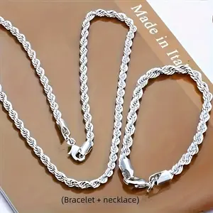 925 Sterling Silver 2PCS Twisted Rope Chain Necklace And Bracelet Set - Classic Elegant Style, Versatile For Daily Wear And Gift-Giving, No Mosaic, Plated Jewelry For Women