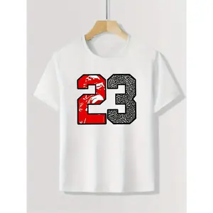 Kids' Fitted-Cut Sports Pattern Cotton T-Shirt, Breathable Athletic Top for Outdoor Activities