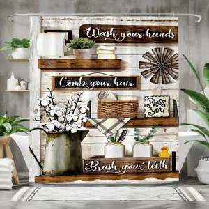 1pc  Farmhouse bathroom decor shower curtain with rustic wood shelves cotton plants black and white typography wall art for home accessories adds charming vintage style to your bathroom space