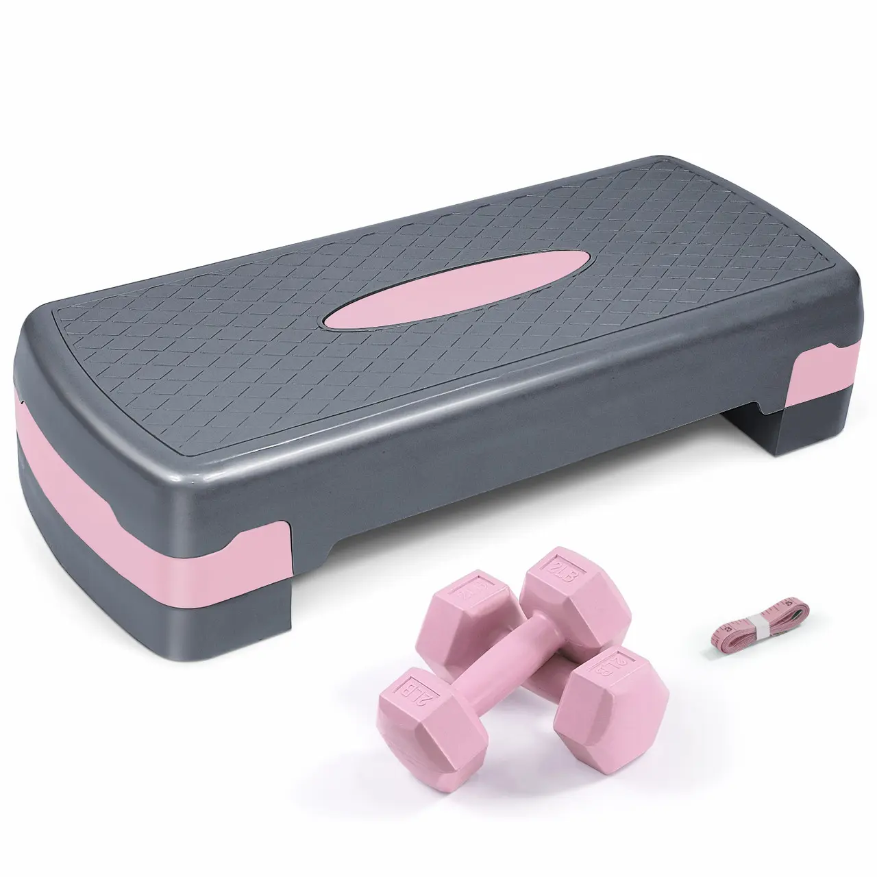 Adjustable Height Aerobic Stepper Set with 2 Dumbbells & Measuring Tape, Workout Exercise Step Platform w/ Level Risers, the Ultimate Gift for a Joyful Holiday and Merry Christmas, 3 Colors