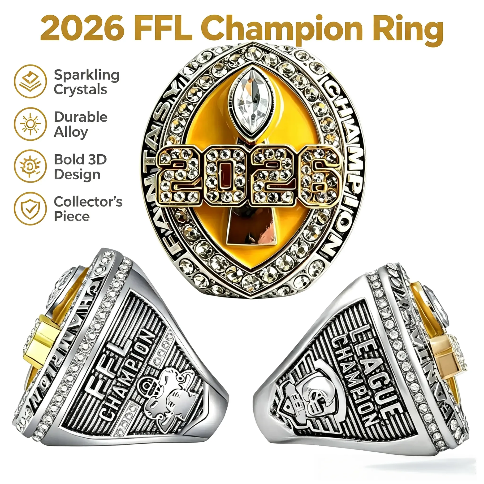 2026 FFL Fantasy Football Champion Ring - Premium Collectible Trophy for League Winners