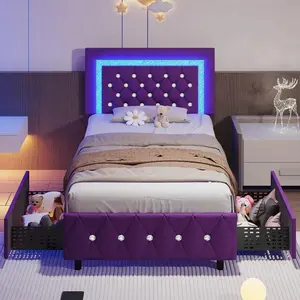 Twin/ Full/ Queen/ King Size Bed Frame With Storage Drawers, Upholstered LED Bed Frame With Headboard, Modern Platform Bed Frame With Headboard And Footboard, Diamond Tufted Design, No Box Spring Needed,  (Twin Size 2 Drawers/ Other Size 4 Drawers), Bed F