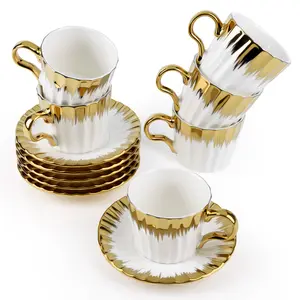3.2oz Ceramic British Coffee Cup Set of 6, Italian Turkish Cappuccino Cups Porcelain Espresso Cups and Saucers with Gold Trim for Double Espresso Cappuccino Latte Mocha Tea
