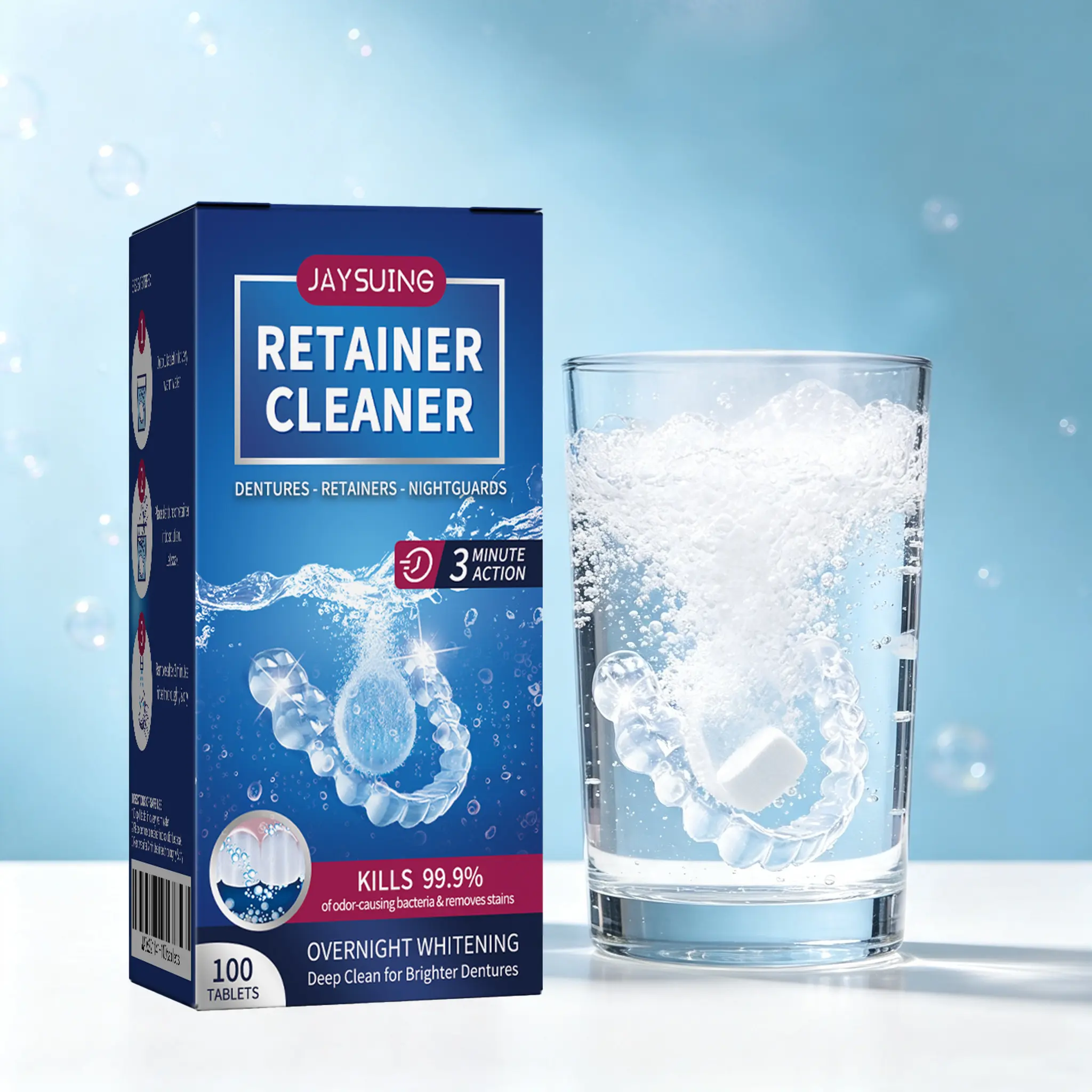 Retainer Cleaner & Denture Cleanser set- 100 Effervescent Tablets 6 Month Supply Removes Stains, Discoloration, Odors, Plaque Clear Aligners, Mouth Night Guard Oral Cleansing