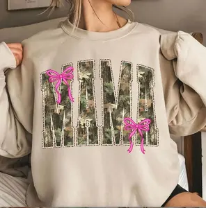 Hunting Mama Camo Western Coquette Bow Graphic Sweatshirt, Cozy Hunting Season Casual Style, Soft Cotton, Made In USA, For Youth & Adult