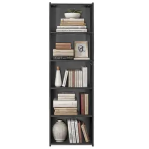 JupiterForce 5-Tier Reversible Open-Back Bookshelf - Wide Base, Retro Bookshelf Design, Small Black Indoor Storage Shelves for Living Room