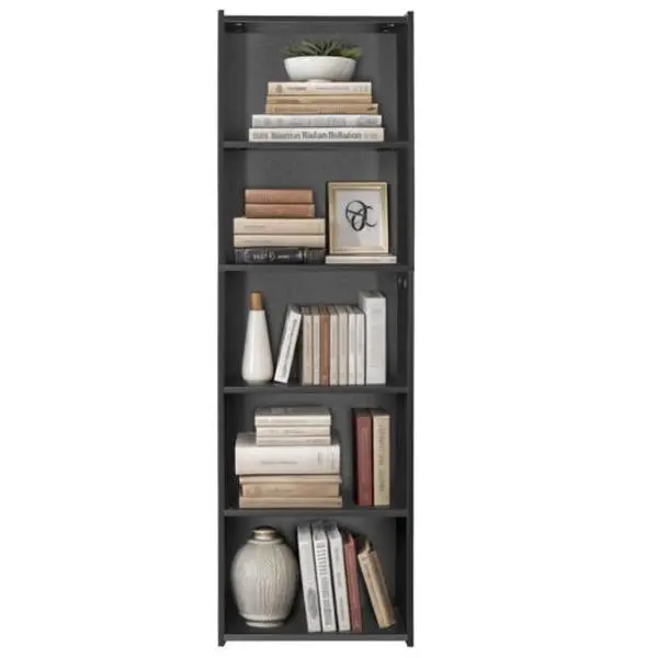 JupiterForce 5-Tier Reversible Open-Back Aesthetic Bookshelf - Stable Wide Base, Retro Design, Multi-Level Vertical Living Room Furniture, Small Black Book Storage Organizer for Collectibles, Wide Floor Bookshelf, Room Accessories, Book Nook