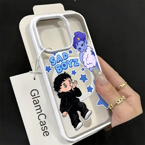 Cute Sad Boyz Cartoon Sticker Hard Phone Case Cover - Kawaii Acrylic Frosted Matte Shell, Shockproof, Waterproof, Durable, MagSafe Compatible, Magnetic Suction, Easy to Clean, Lens Protection for iPhone 18/17/16/15/14/13 Pro/12/11 Plus Pro Max