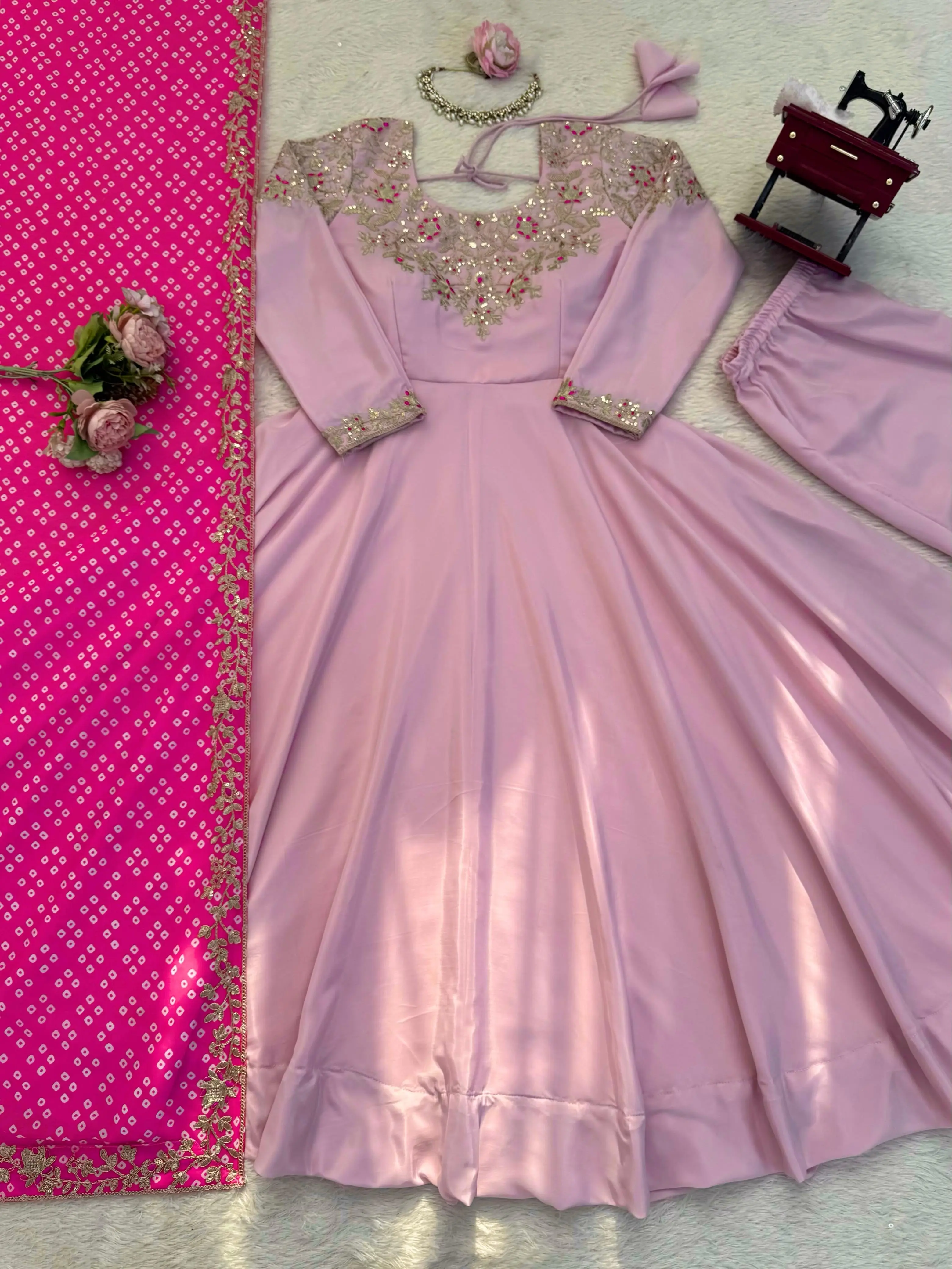 Women's Pink 3-Piece Crepe Silk Formal Gown Set - Heavy Neck Embroidery, Sequin Detailing, 2.2m Georgette Dupatta, Cotton-Elastic Stretchable Fabric, Flexible Fit, Festive Look, Print, 38in, Soft, XL, for Family Functions