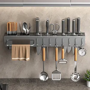 Kitchen Storage Rack, 1 Count Wall Mounted Kitchen Utensil Holder with Hooks, Kitchen Utensil Storage Rack, Kitchen Organizer, Home Organizer, Hanging Organizer