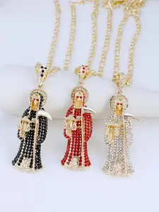 Golden Rhinestone Santa Muerte Decorative Rhinestones Necklace - Elegant Single Piece with Sparkling Stones for Special Occasions, Daily Wear, Decorative Rhinestones Necklaces