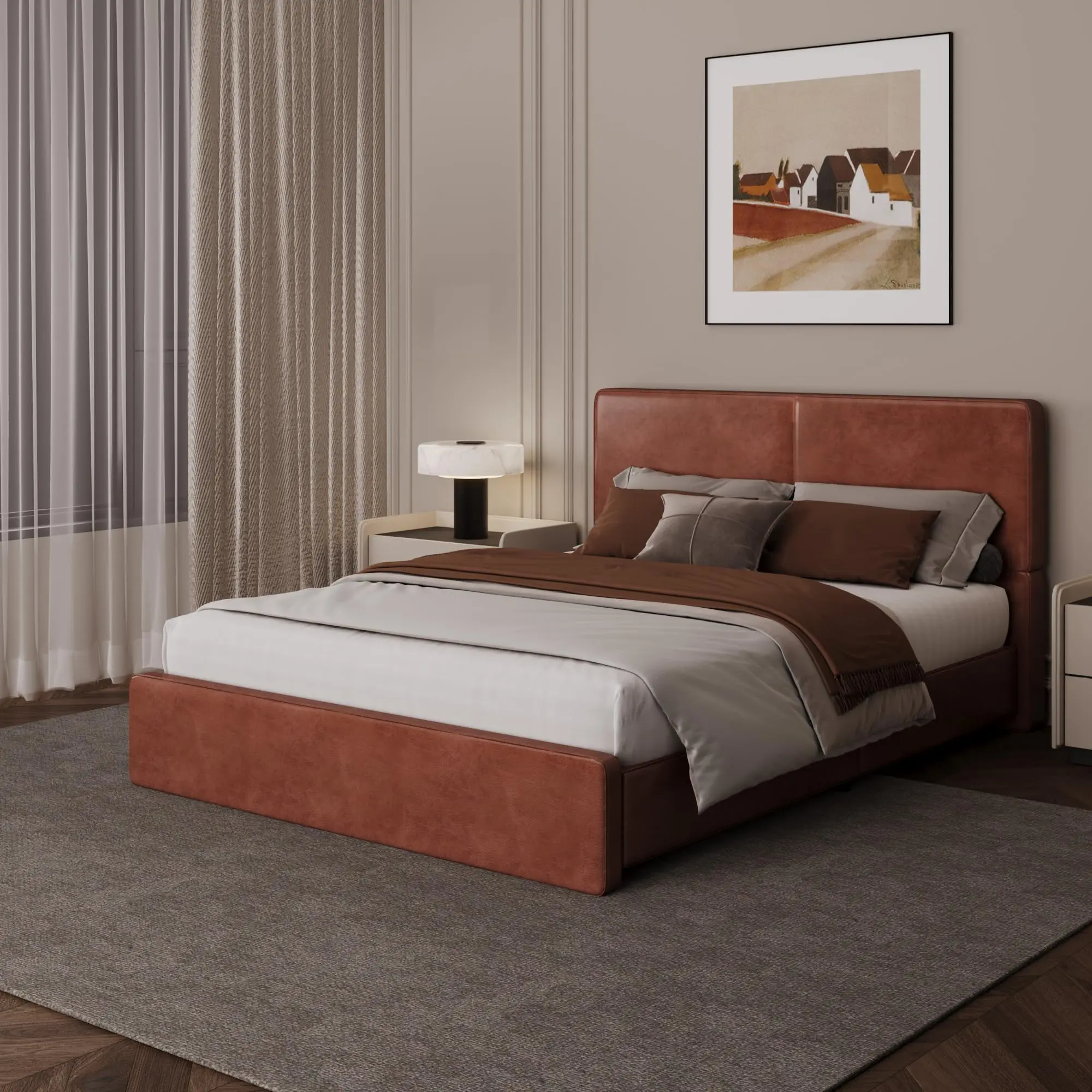 Brown Queen Size Upholstered Bed Frame,Platform Bed with Headboard, No Box Spring Needed, Heavy Duty 900 Lbs Capacity, Noise Free Easy Assembly, Pu Leather, Heavy Duty Upholstered Bed Frames