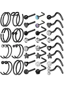 Elegant Stainless Steel Nose Rings & Studs, 40pcs Star & Heart Design Nose Piercing Jewelry for Women & Men for Party, Trendy Exquisite Body Jewelry for Gift, Nose Piercings Kit