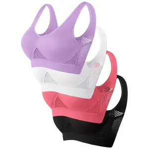 4 Pack Women's Sports Bra-Wireless, Padded, Breathable Mesh with Racing Back Design, Suitable for Yoga, Fitness, Running-Pink, White, Purple, Black, Workout Accessories