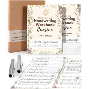 (R) Grooved Cursive Handwriting Workbook Kit -  Cursive Workbook for  8-12 and Adults, Magic Grooved Handwriting Practice, Letters Words Poetry & Affirmations, Cursive Charm, 9.8"x7"