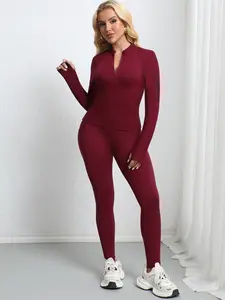 Women's Long Sleeve Sportswear Set, Two-Piece Half-Zip Pullover Slim Fit Tee & High Waist Skinny Pants, Comfortable Fitness, Yoga Clothes Set