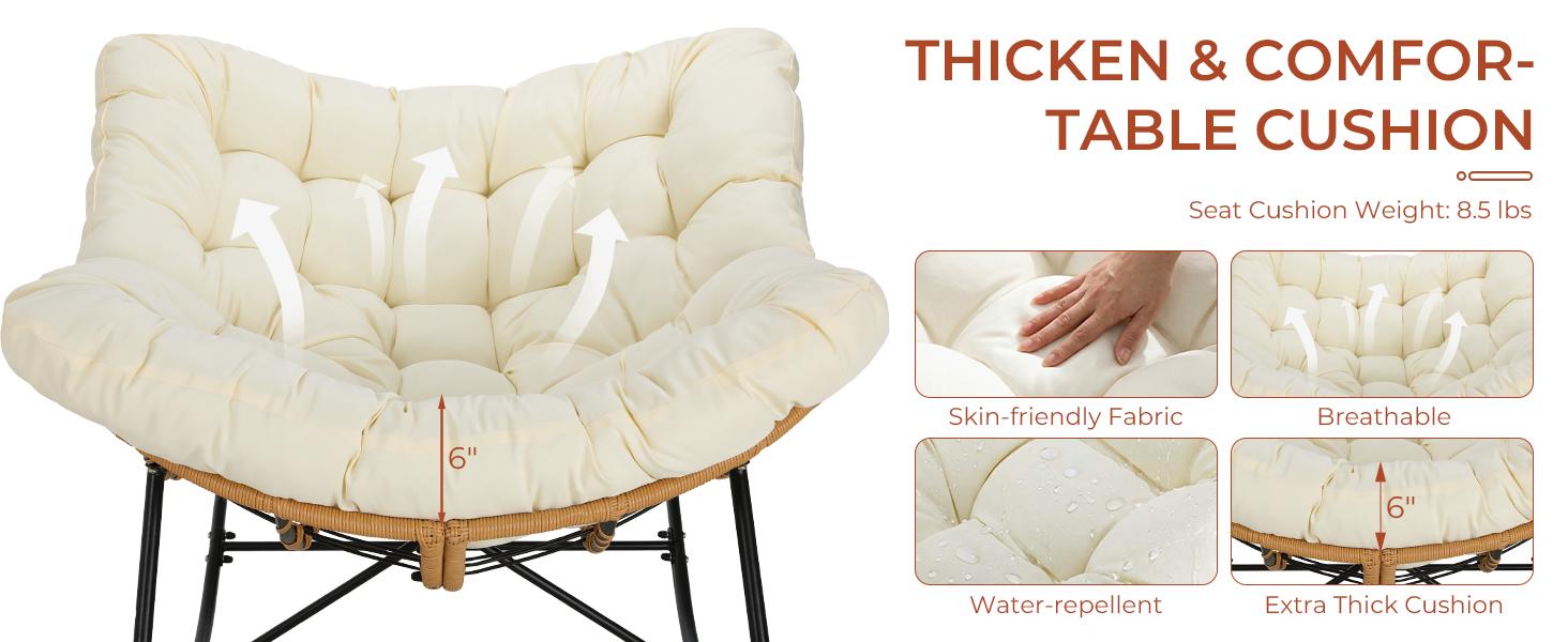 Arlopu Outdoor Papasan Rocking Chair, Oversized Padded Lounge Rocker with Cushion, Comfy Wicker Egg Lounge Chair, Large Indoor Rocking Recliner for Living Room/Porch/Garden