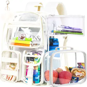 Clear Backpack for Girls Women, Heavy Duty PVC Transparent BookBag, Cute See Through School Bags for Teens Elementary - White