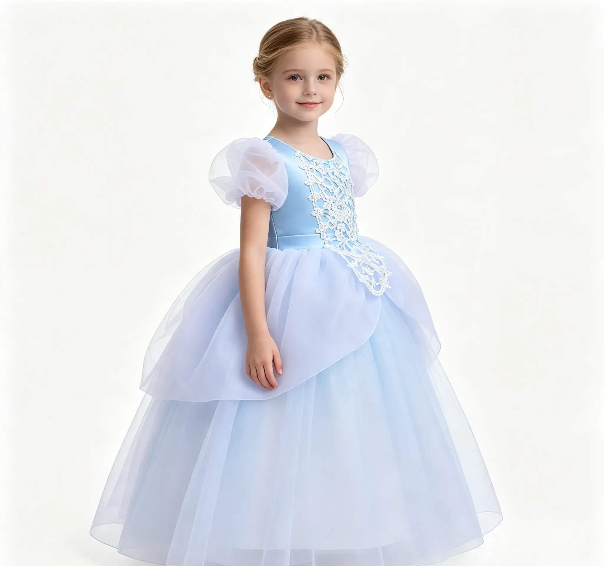 Girls’ Waist-Cinching Lace-Paneled Dress - Movie/TV Cinderella Princess Cosplay Costume, Elastic Back Long Flared Performance Outfit