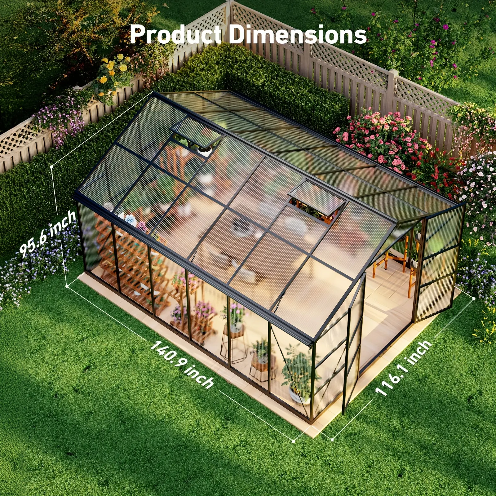 10 X 12ft Greenhouse, Walk In Outdoor Polycarbonate Structure, Double Door Design, Reinforced Aluminum Frame, Built-in Drainage Channel, Heavy Duty Greenhouse for Backyard And Patio Use