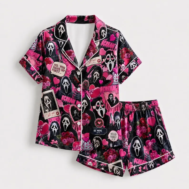 Ghostface Valentine Satin Pajamas Set Cute Spooky Sleepwear Shirt Print Womenswear