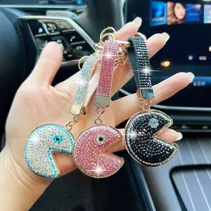 Retro Game Pac-Man Keychain, Full Rhinestone Clay Pacman Bag Charm, Bling Car Key Ring Accessory for Women