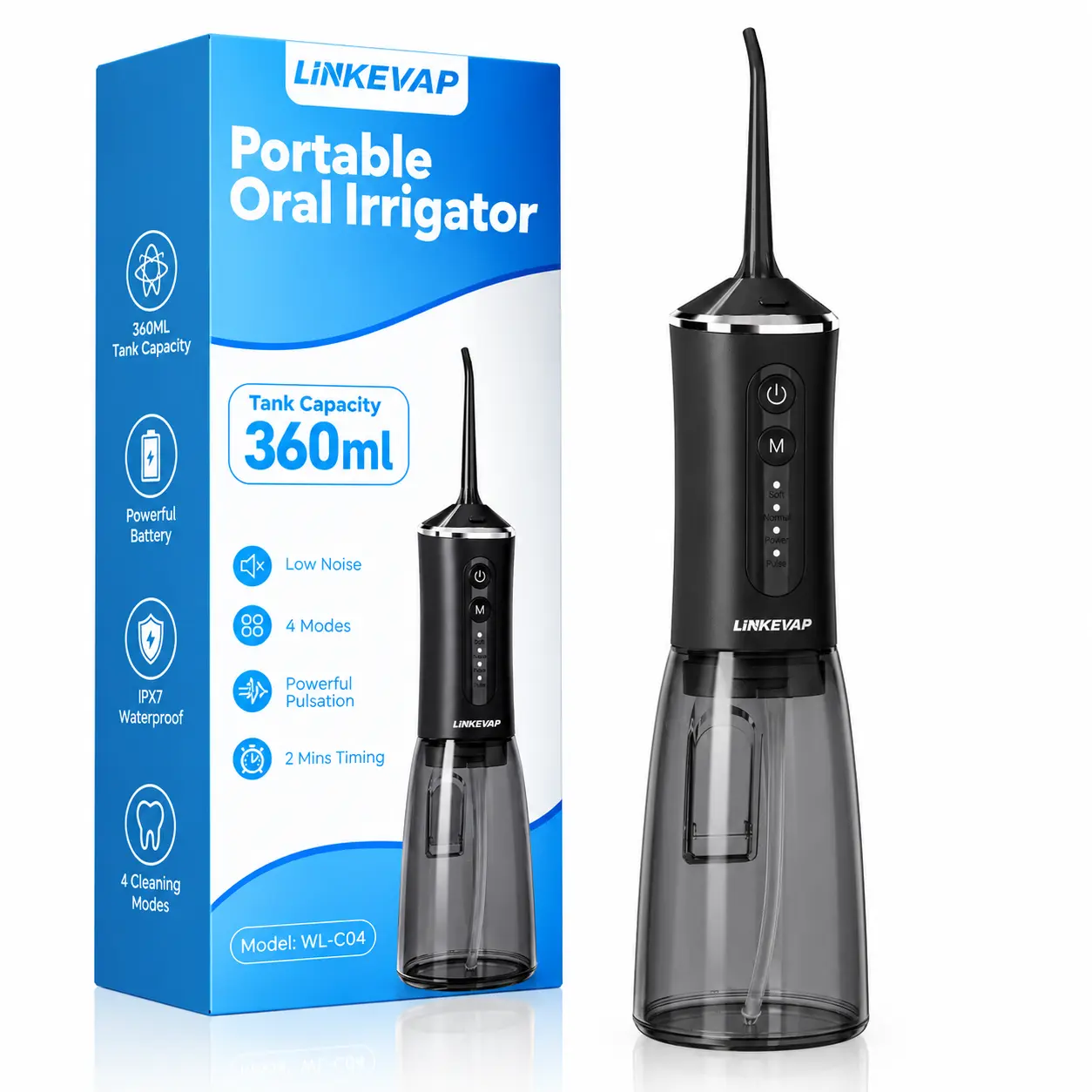 LINKEVAP 360ML Cordless Water Flosser, Portable Oral Irrigator with 4 Modes, 4 Tips, IPX7 Waterproof & Quiet Operation, Suitable for Home/Travel Use