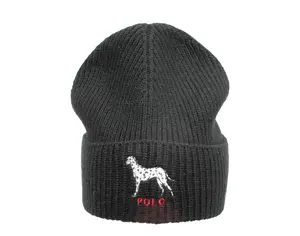 Polo Ralph Lauren Black Dalmatian Dog Cartoon Motif Knit Cuffed Beanie, Knit Cap Hat with Embroidered Stitch, Foldable Fashion Accessory, Knit Cap Hats, Embroidered Stitch Hats