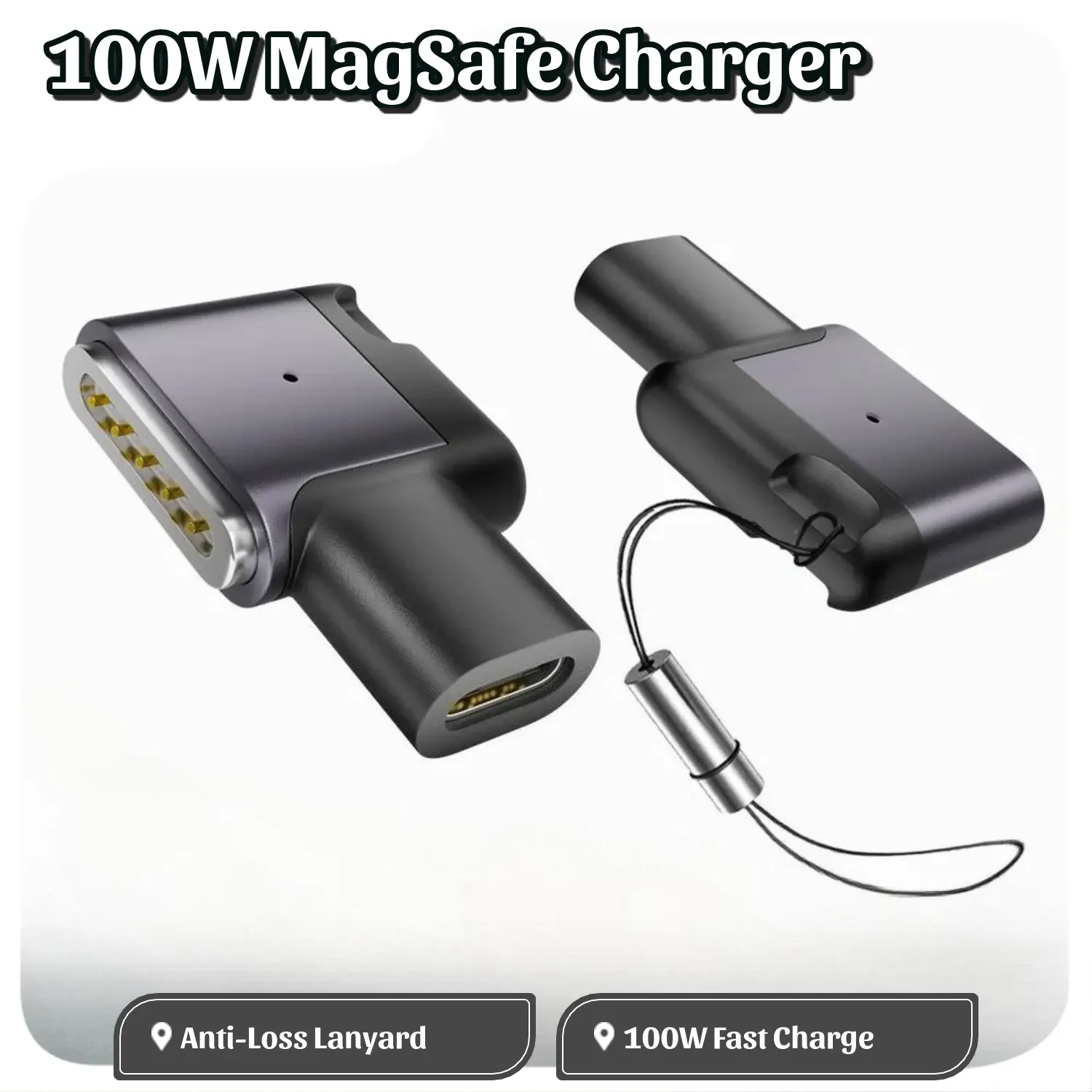 100W PD USB Type-C to MagSafe 3 Magnetic Fast Charging Power Adapter - Aluminum, 5 Gold-Plated Spring Contacts, Dual-Sided LED Light, Side-Bend Design, Anti-Loss Lanyard, Compatible with MacBook Air/Pro M1-M5 (2021+), C to MagSafe3-CW-ZS, Pd Power Adapter