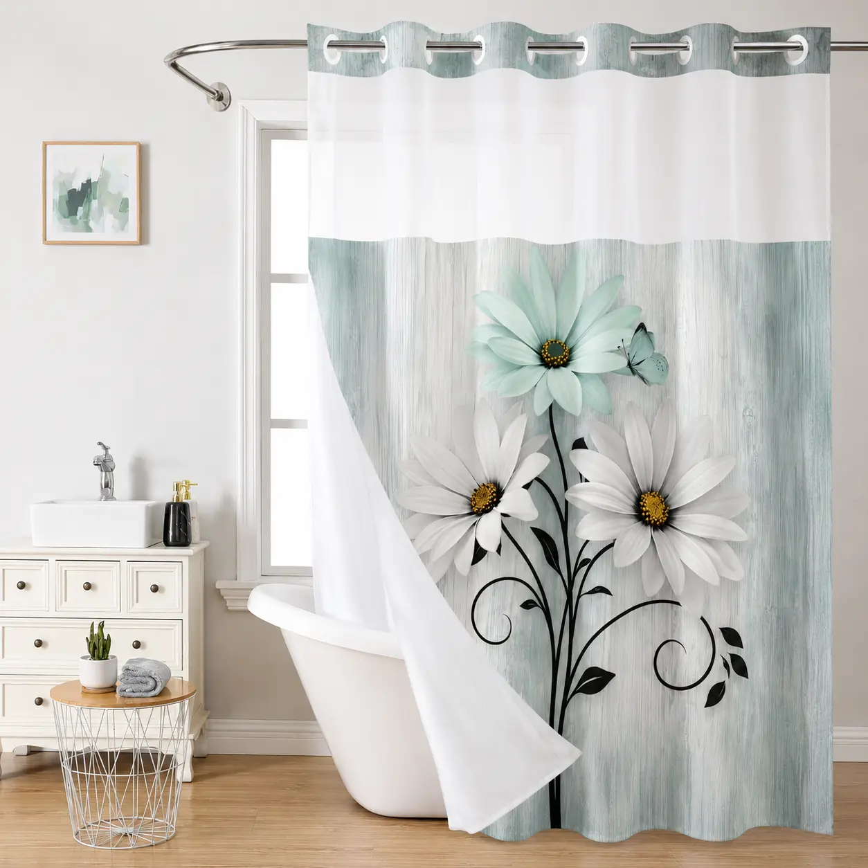 Cyan No Hooks Double-layer Shower Curtain, Daisy Printed Waterproof Fabric, Retro Country Style Home Decoration, Hotel, Dormitory and Bathroom Accessories, 72x75in