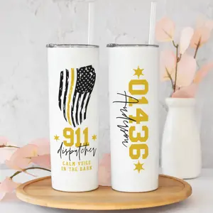 [Custom Name and Badge Number] 911 Dispatcher Tumbler with Name, Thin Yellow Line 20oz Stainless Steel Gift for Emergency Dispatcher