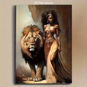 [2D Flat] Canvas Wall Art-African Goddess And Lion, Vintage Modern Wildlife Decoration, Indoor/Outdoor Use, African Fantasy Art, Tribal Theme Room Decoration, Majestic Lion And Woman Illustration, Canvas, 2D Flat