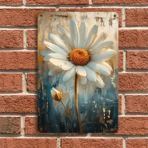 Vintage Metal Wall Art Featuring White Daisy Floral Scene for Home Restaurant Bar and Cafe Decor