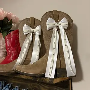 Handmade Bridal Boot Bows – White Satin with "I Do" Detail & Ring Charm Footwear Shoe Decor
