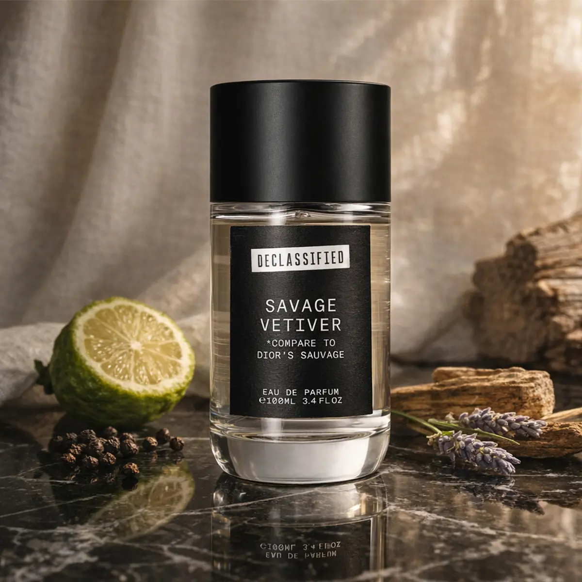 Declassified SAVAGE VETIVER Eau de Parfum, Men's Cologne with Vetiver & Amberwood, Citrus Woody Aromatic All Day Fragrance, 100ml, Ambery Woody Fragrance, Men's Colognes, Citrus Woody Scent, Vegan