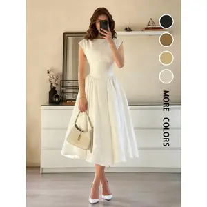 2026 Summer Vintage Midi Dress  Elegant Sleeveless A-Line Flared Dress for Women  Casual Solid Color Party Dress Basic Womenswear bridal shower dresses