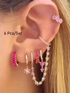 6pcs Lovely Cubic Zirconia Dangle Earrings, Zirconia Flower Hoop Earrings Set, Fashion Jewelry for Women, Statement Earrings